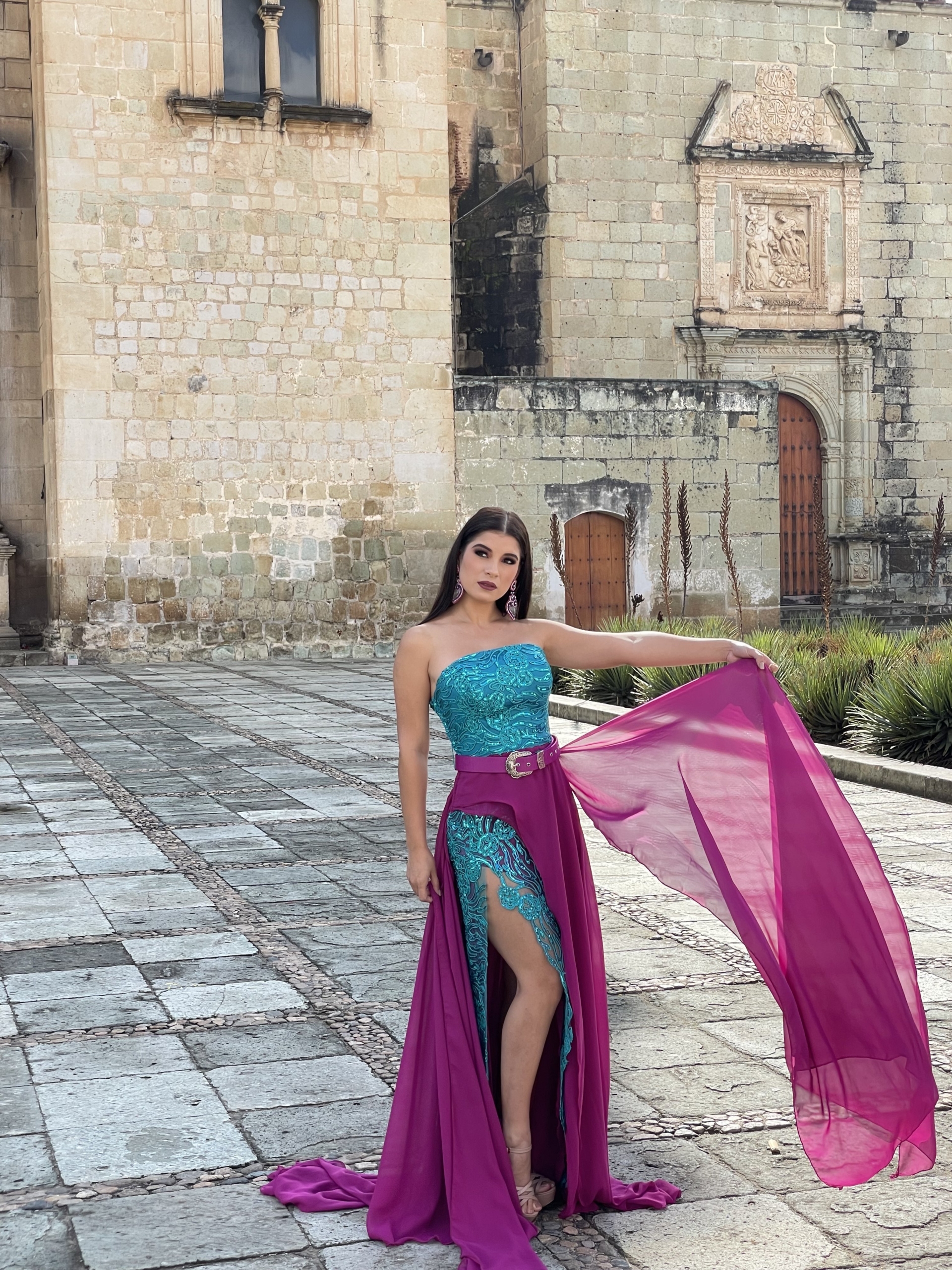 fashion model in the centro of oaxaca mexico wearing ballgown